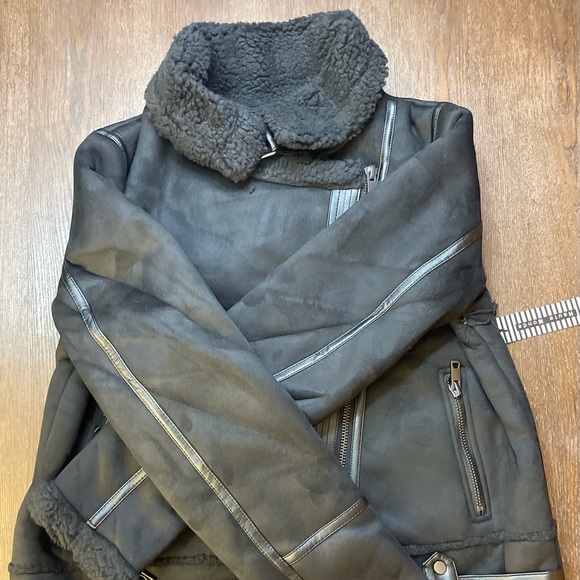 BLACK FAUX FUR SUEDE MOTO JACKET BIKER COAT - Picture 5 of 15